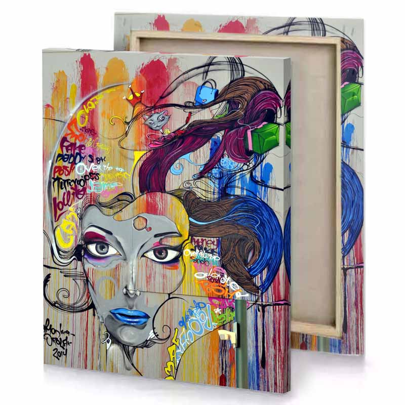 a painting of woman s face with many different colors taupe canvas