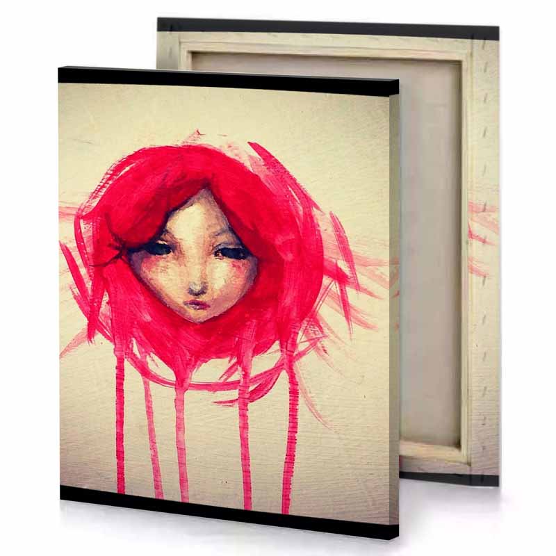 a painting of woman with red hoodie tan canvas