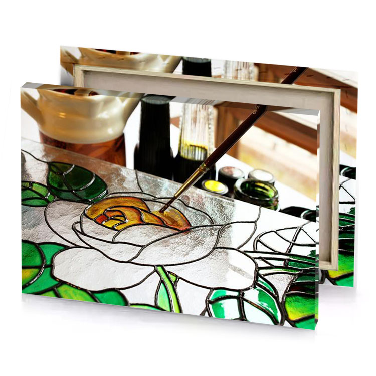 a painting with brush and some paint copper canvas