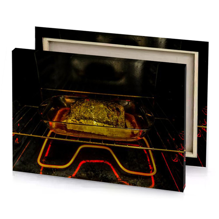 a pan of food is cooking in an oven saddle brown canvas