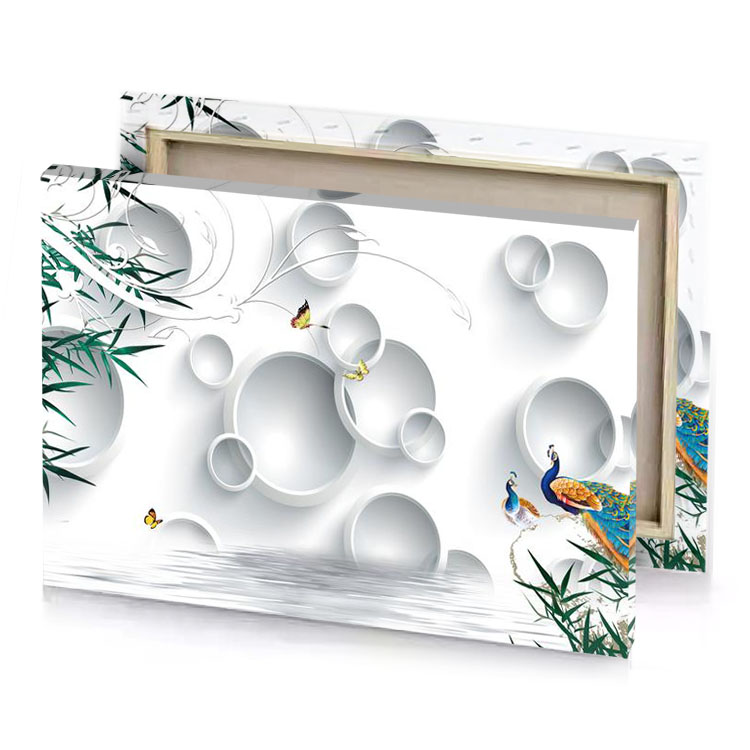 a peacock and butterfly are in the water white smoke canvas