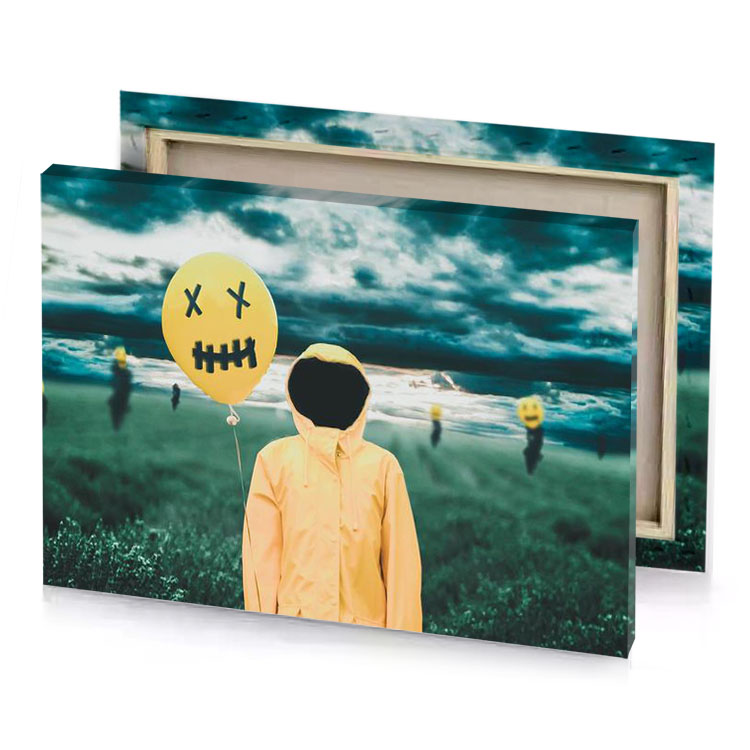 a person holding balloon with the word x on it burlywood canvas