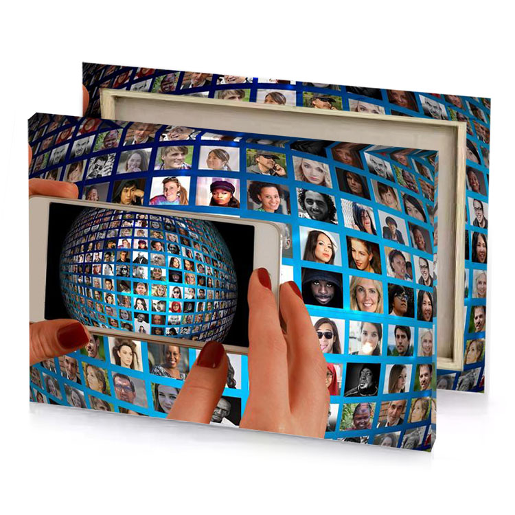 a person holding cell phone with globe of pictures on smoky black canvas