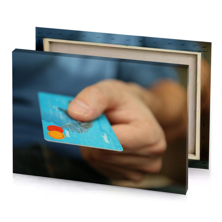 a person holding credit card in their hand charcoal canvas