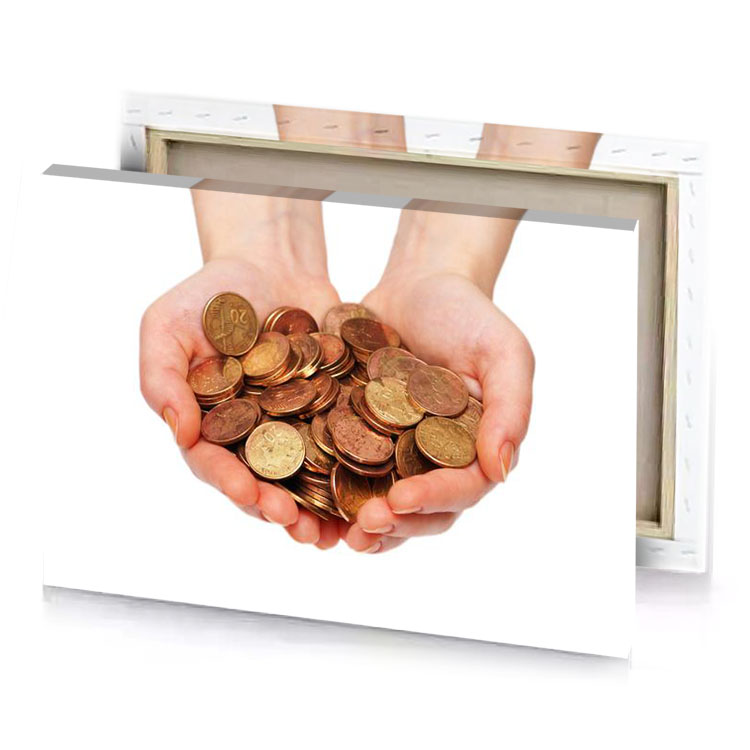 a person holding handful of coins white canvas