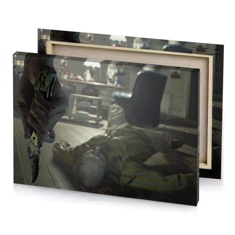 a person holding knife in room camouflage green canvas