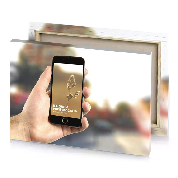 a person holding phone with the text mock dark khaki canvas