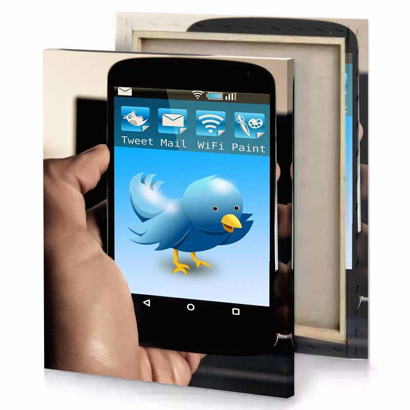 a person holding smart phone with twitter logo on it smoky black canvas