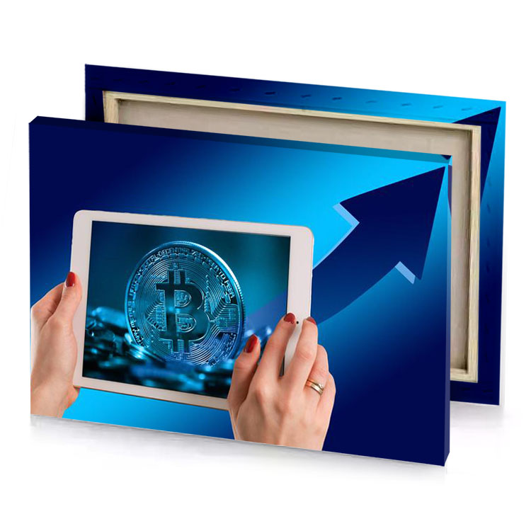 a person holding tablet with bit coin on it blue sapphire canvas