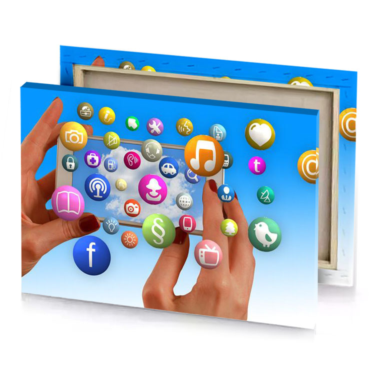 a person holding tablet with social icons dodger blue canvas