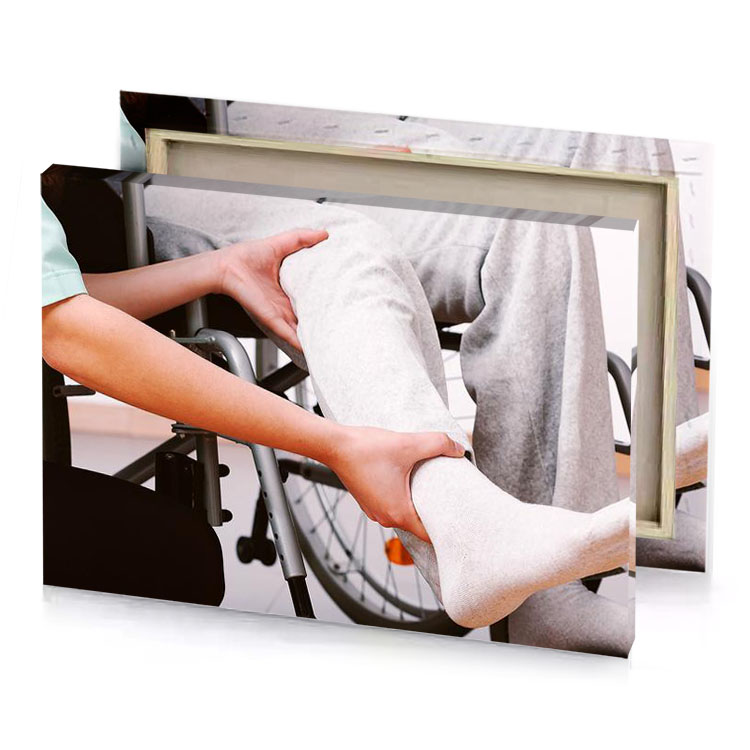 a person in wheelchair with cast on their foot burlywood canvas
