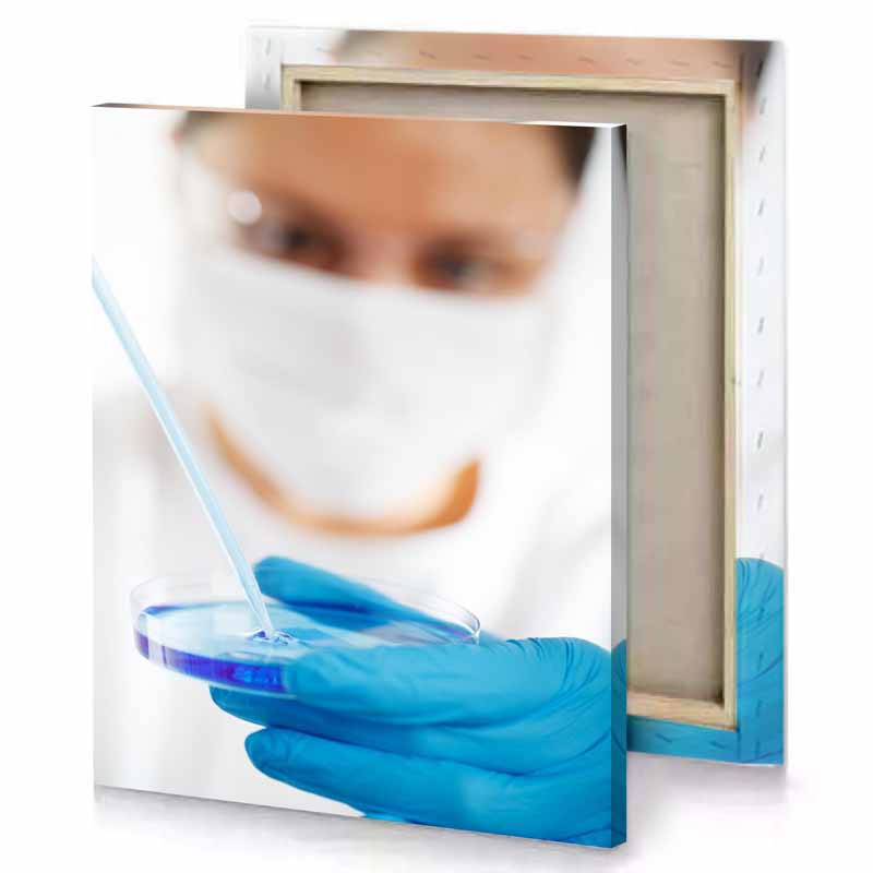 a person in white coat and blue gloves holding pipe smoke canvas