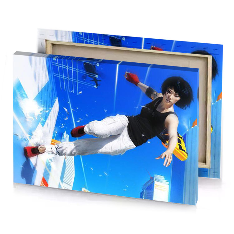 a person jumping in the air with blue sky background denim canvas