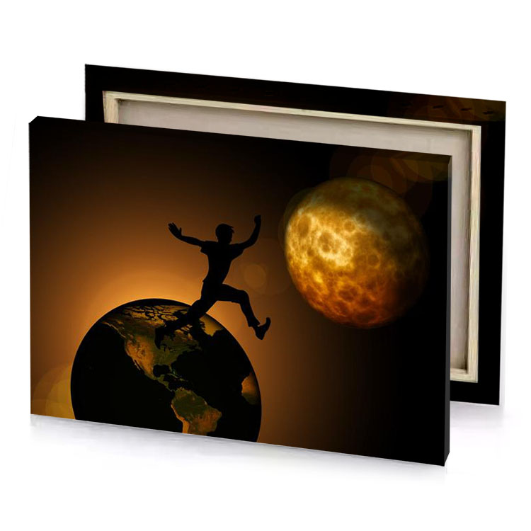 a person jumping over the top of globe copper canvas