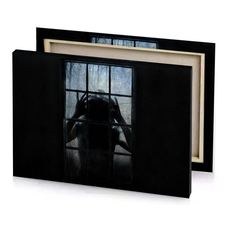 a person looking out window at the rain smoky black canvas