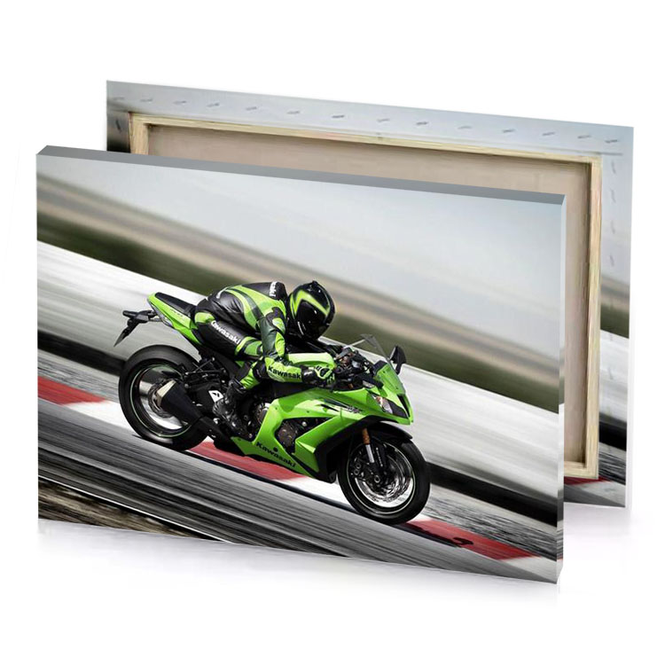 a person riding green motorcycle on track fern canvas