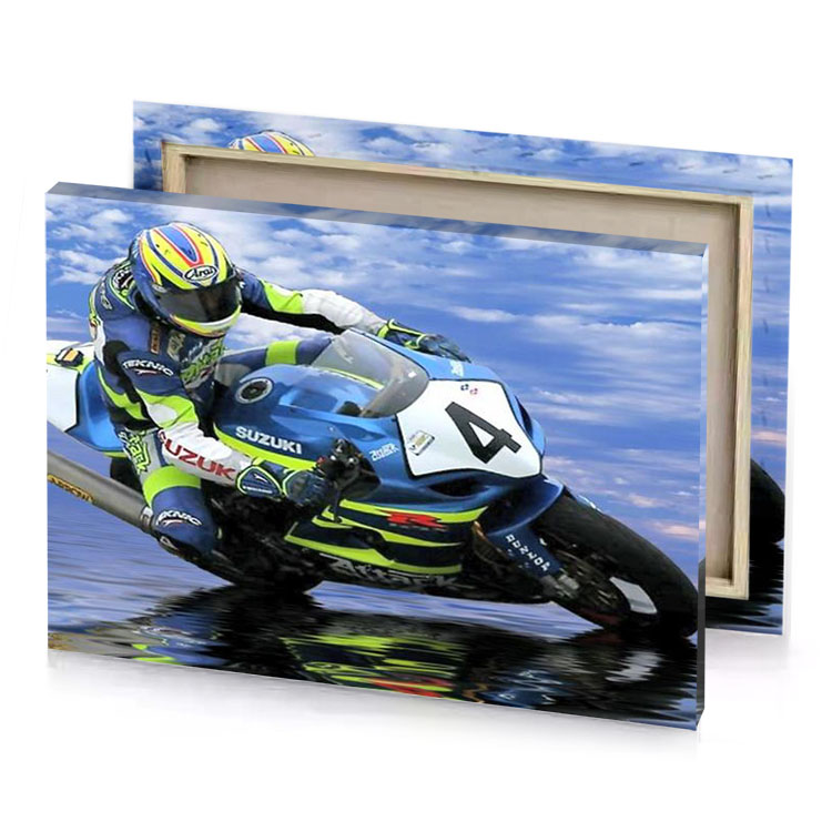 a person riding motorcycle on body of water smoky black canvas