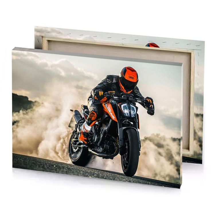 a person riding motorcycle on road silver canvas
