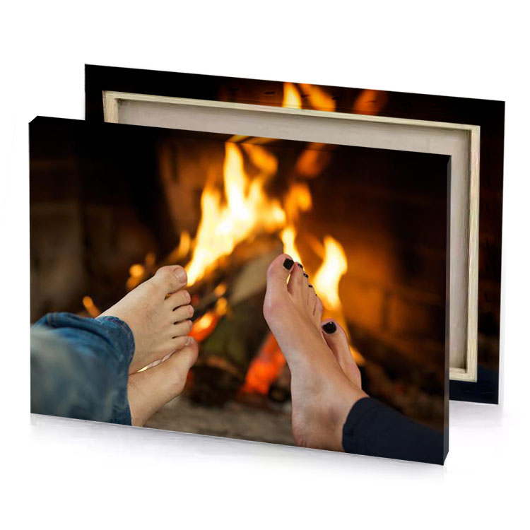 a person s feet are shown in front of fire mahogany canvas
