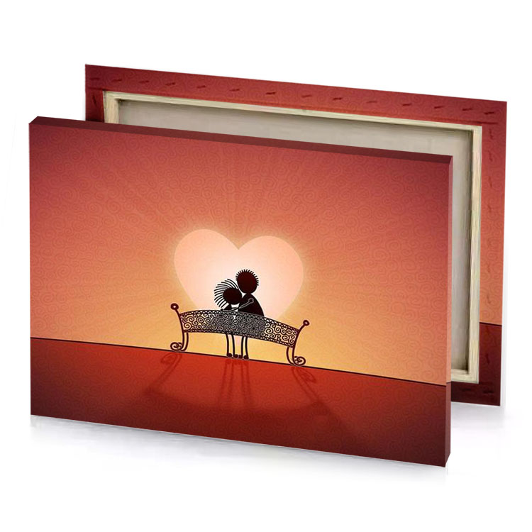 a person sitting on bench in front of heart brown canvas