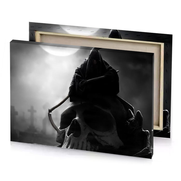 a person sitting on top of skull black canvas