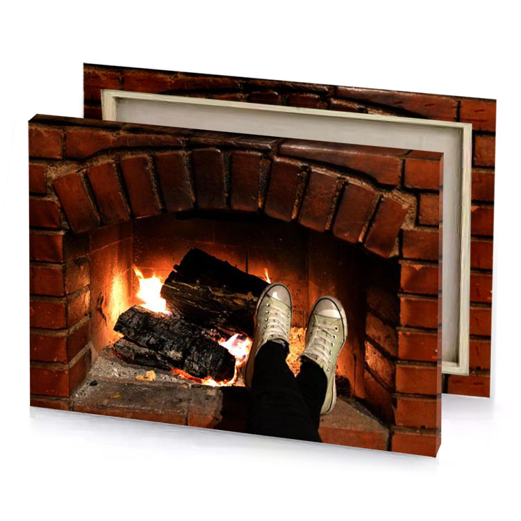 a person standing in front of brick fireplace smoky black canvas