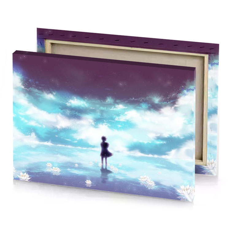 a person standing on lake with flowers sky blue canvas