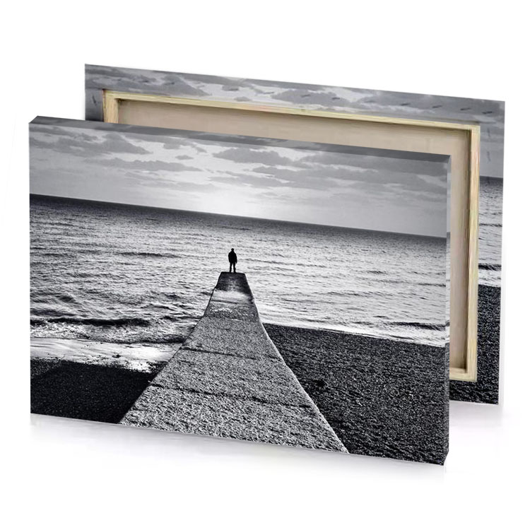 a person standing on pier looking out at the ocean silver canvas