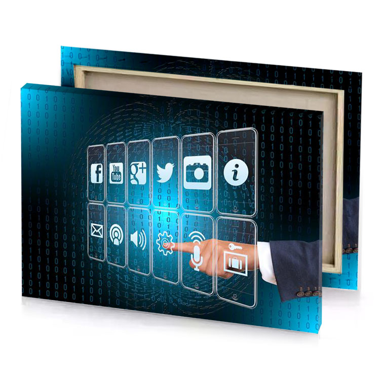 a person touching touch screen with finger maximum blue canvas