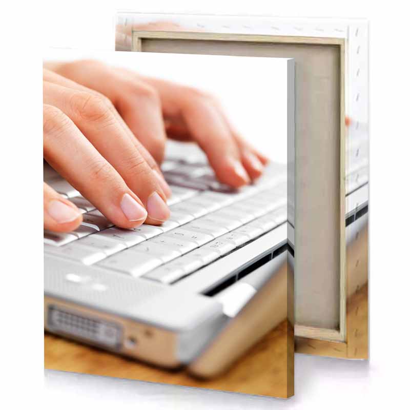 a person typing on laptop keyboard white smoke canvas