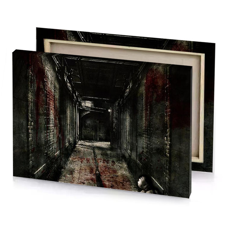 a person walking down dark hallway bistre canvas