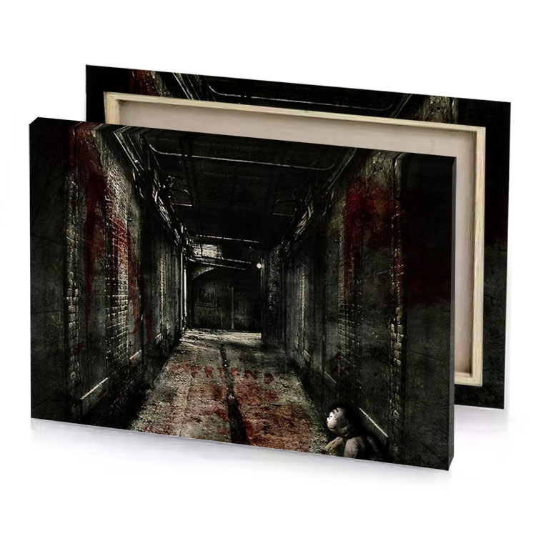 a person walking down long hallway bistre canvas