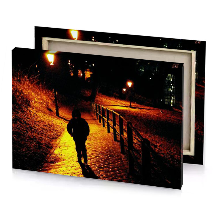 a person walking down path at night chocolate canvas