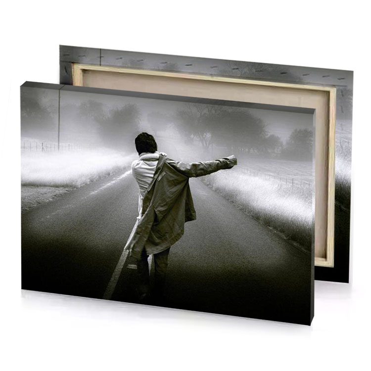 a person walking down road with gun bistre canvas