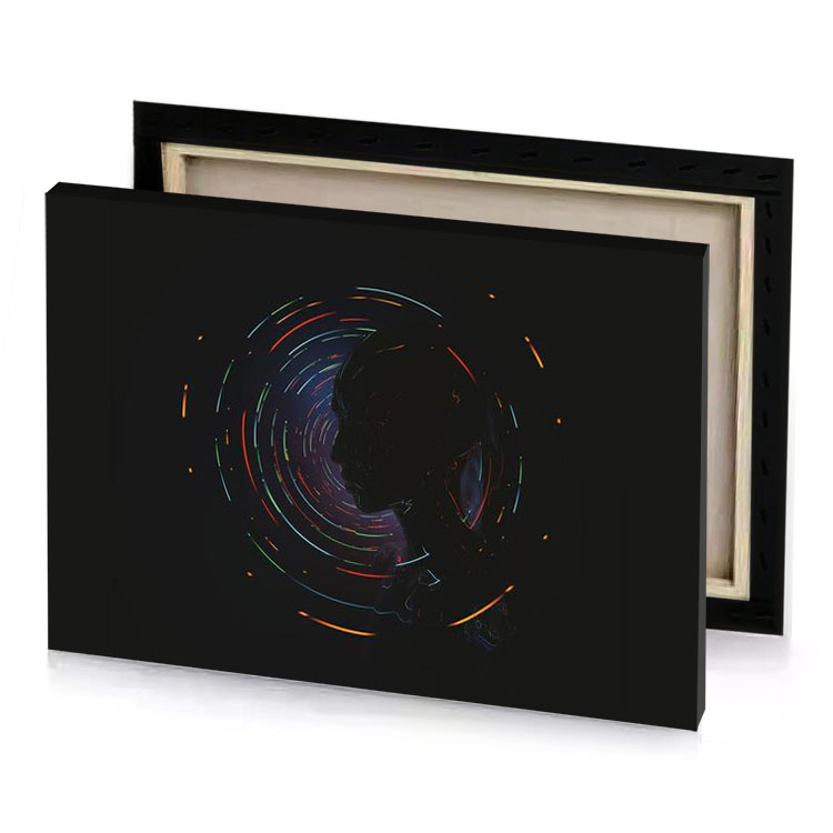 a person with black background and colorful lights smoky canvas