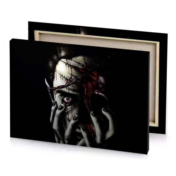 a person with blood on their face and hands smoky black canvas