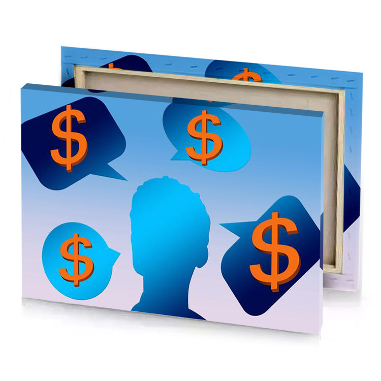 a person with dollar sign in their head turquoise blue canvas