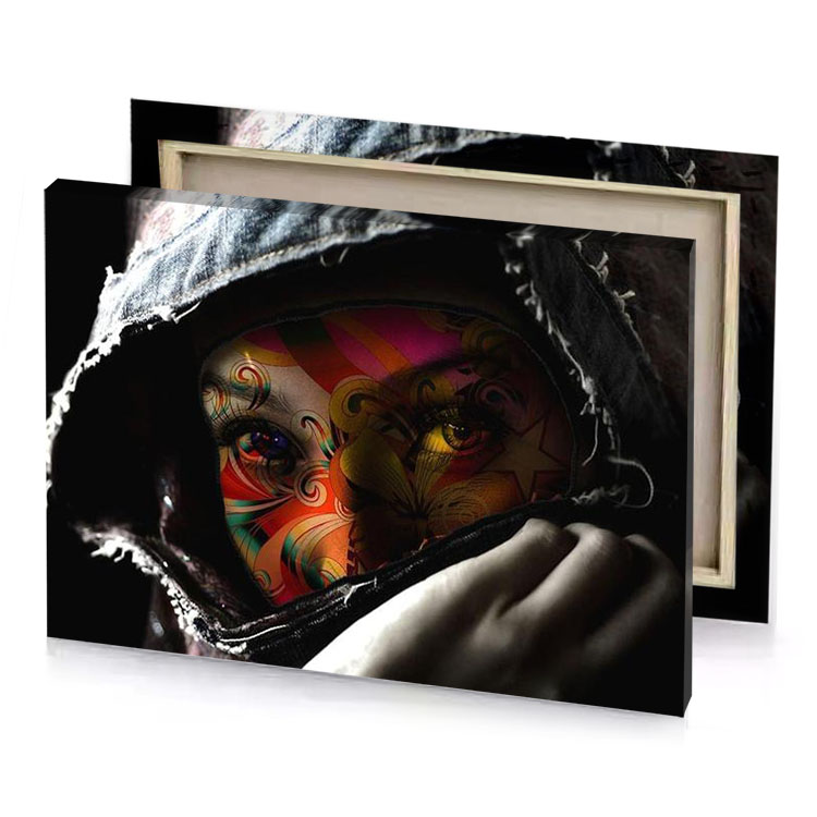 a person with face painted in different colors burgundy canvas