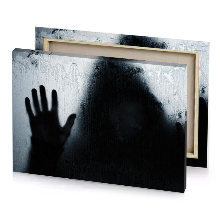 a person with their hands up in front of window smoky black canvas