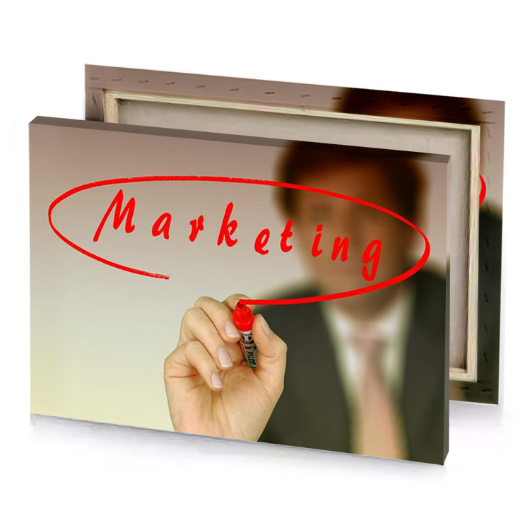 a person writing marketing on screen silver canvas