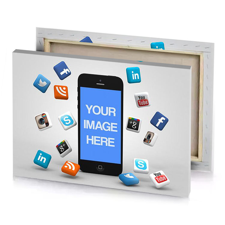 a phone surrounded by many social icons cornflower blue canvas