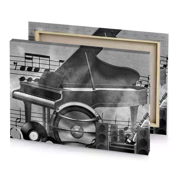 a piano speaker and charcoal canvas