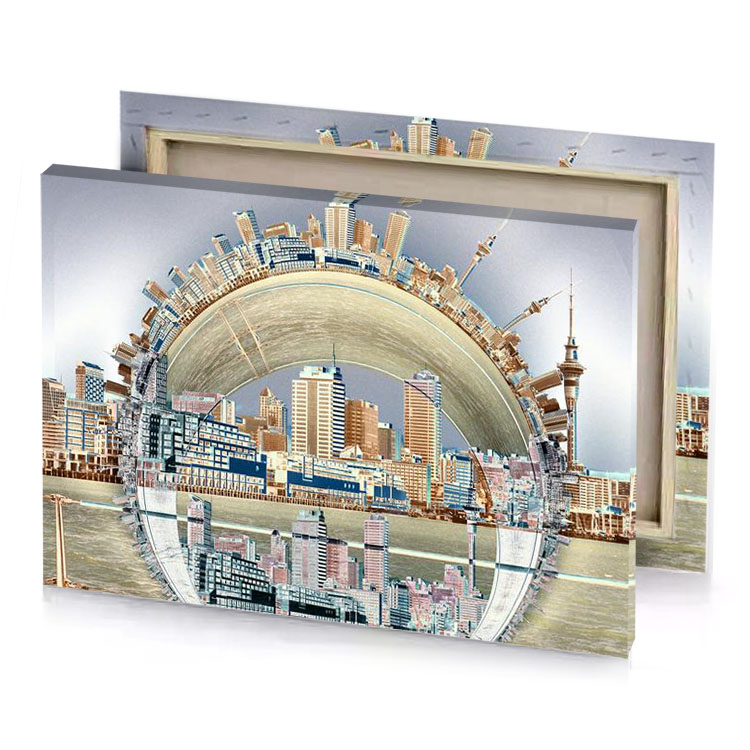 a picture of city with buildings and large sphere tan canvas