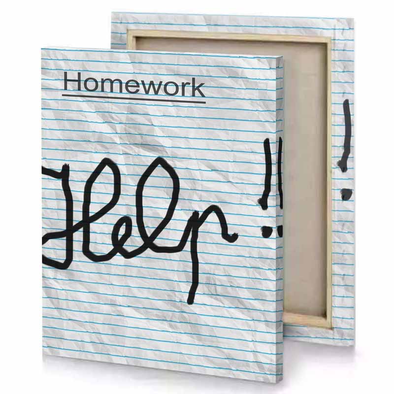 a piece of paper with the word homework written on smoky black canvas