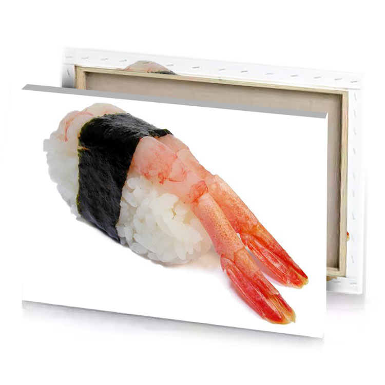 a piece of sui with shrimp and rice white canvas
