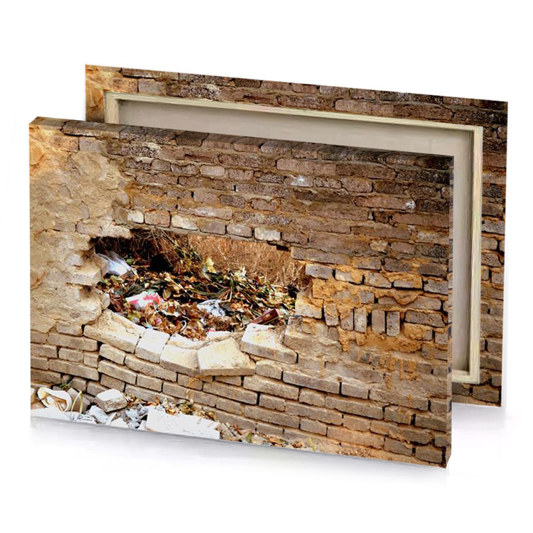 a pile of garbage in brick wall tan canvas