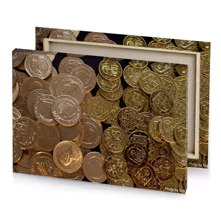 a pile of gold coins camouflage green canvas