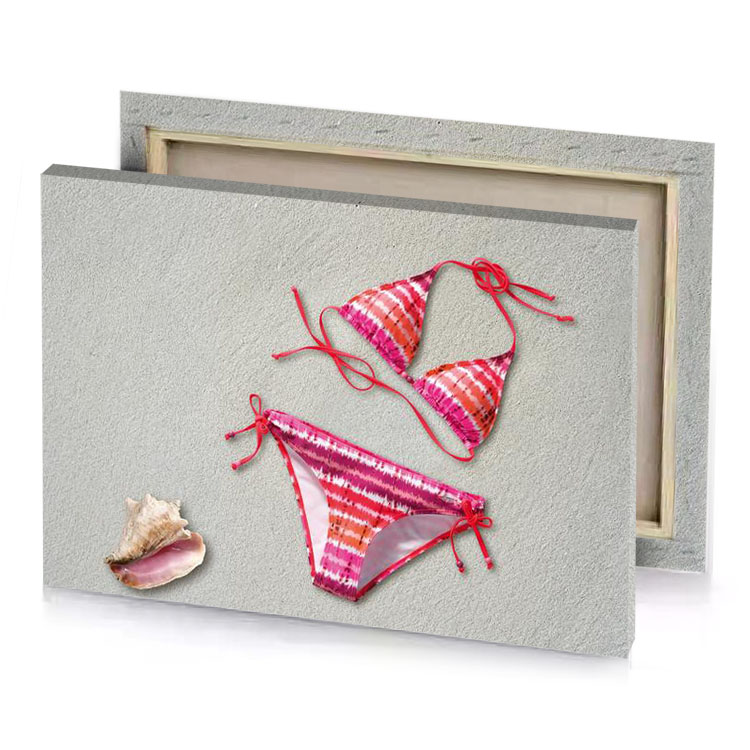 a pink and white bikini with shell on the beach fuzzy wuzzy brown canvas