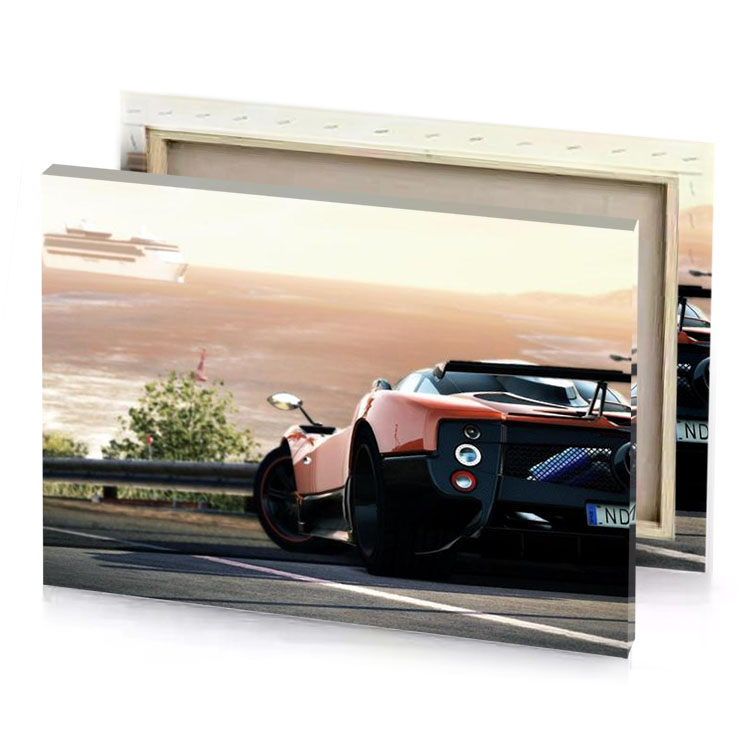 a pink car driving down road next to cruise ship rosy brown canvas