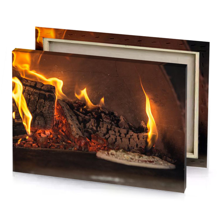 a pizza is being cooked in wood fire bistre canvas